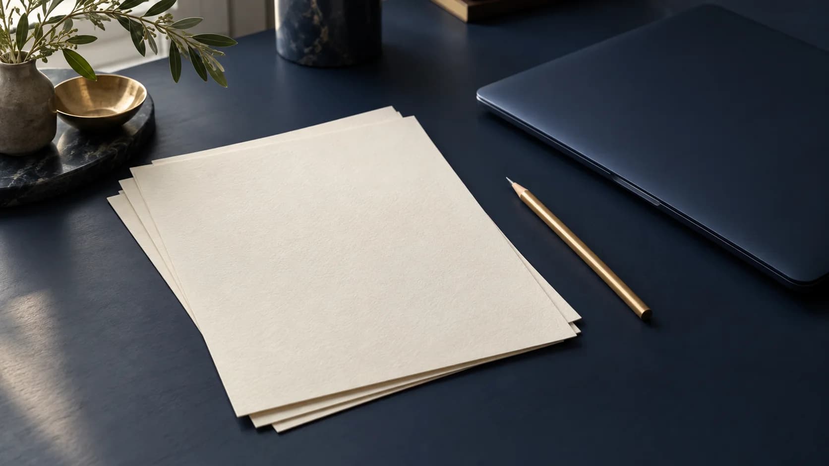 Prázdne listy prírodného papiera a zatvorený notebook na tmavomodrom stole