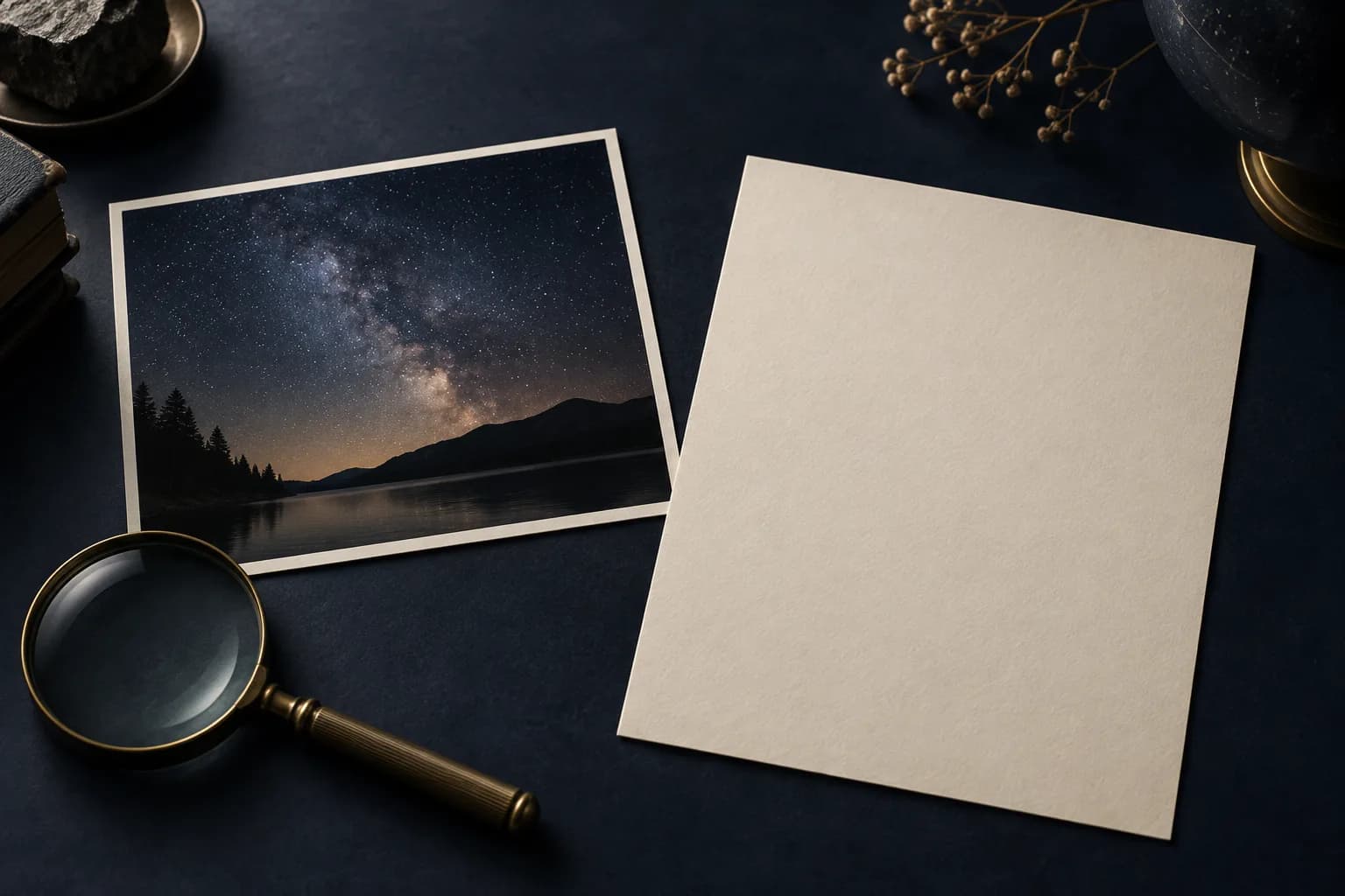 Fotografia hviezdnej oblohy vedľa prázdneho papiera na tmavom stole